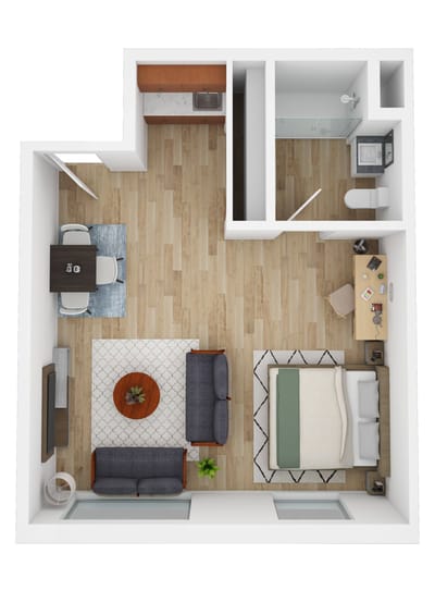 Floor plan of a private resident room with furnishings
