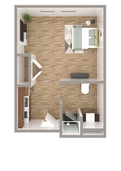 Stylish room layout with bed and sitting area