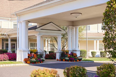 Entrance of a nursing home with seasonal decorations