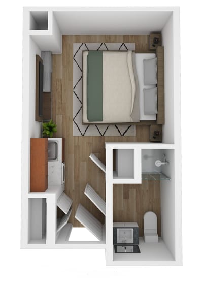 Layout of a private resident room with amenities