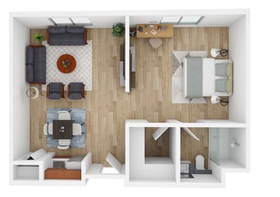 Floor plan of a living unit with furniture layout