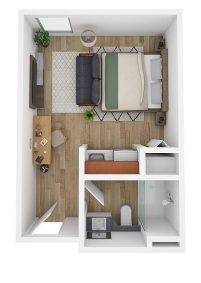 Layout of a private resident room with furniture