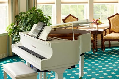Elegant piano in a bright common area with plants