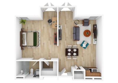 A floor plan of a one-bedroom apartment layout