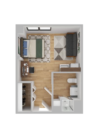 Aerial view of a small resident room layout