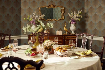 Elegant dining room setup with gourmet meals