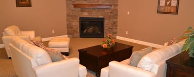 Cozy common area with fireplace and seating
