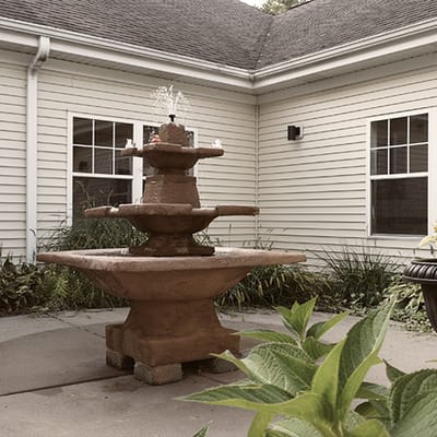 Outdoor courtyard with a decorative fountain