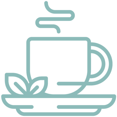 Graphic of a steaming cup of coffee with leaves