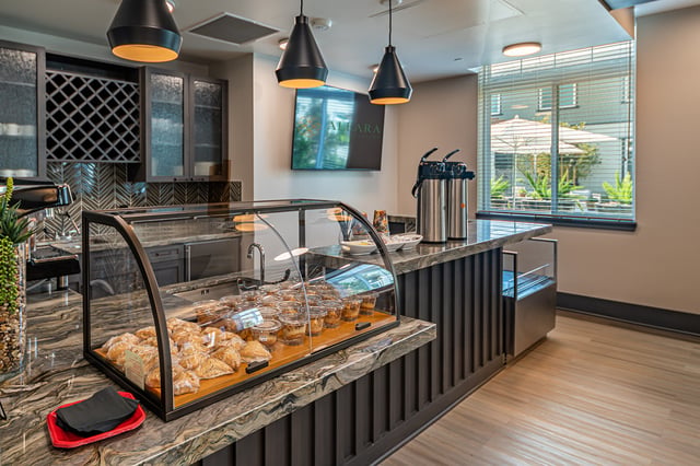 Modern dining area with food selections on display