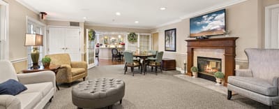 Cozy common area with seating and fireplace
