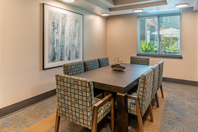 Interior view of a communal dining area with a table