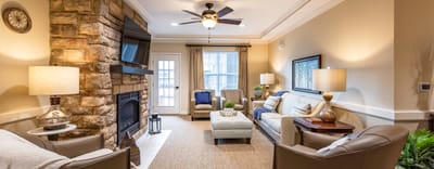 Bright common area with seating and decor