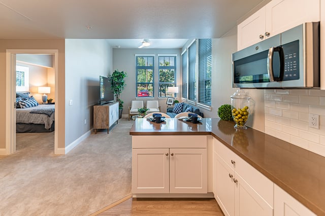Interior view of a modern resident room and kitchenette