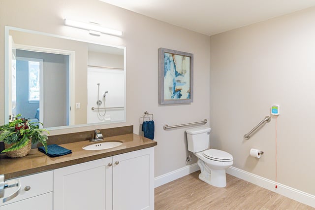Bright and clean bathroom in a senior living facility