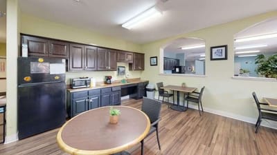 Interior view of a common area with kitchen facilities