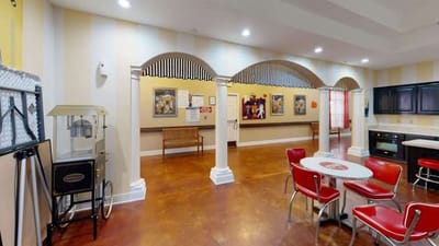 Bright common area with seating and decorations