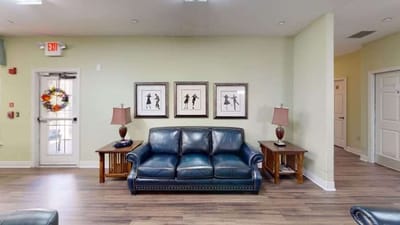 Interior view of a common area with seating