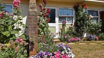 Vibrant flowers and greenery outside a facility entrance