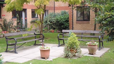 Outdoor seating area with benches and potted plants