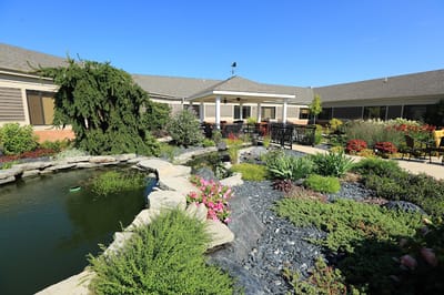 Lush garden with pond and seating area