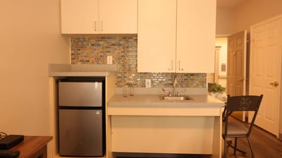 Interior kitchen area with colorful backsplash