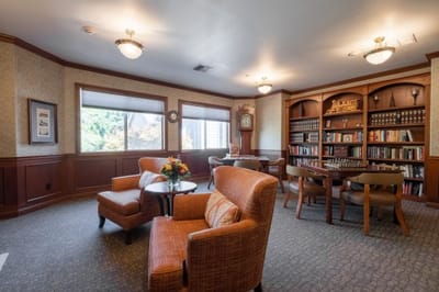 Cozy library area with seating and bookshelves