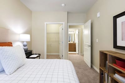 Interior view of a model bedroom with light colors
