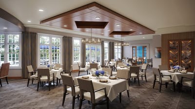 Elegant dining room with round tables and floral centerpieces