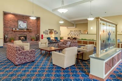 Cozy common area with seating and fireplace