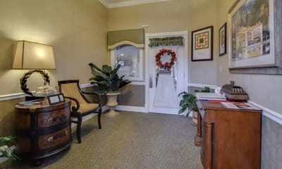 Cozy lobby area with seating and decor