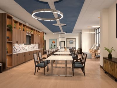 Bright dining area with modern decor and seating