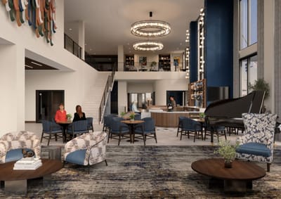 Bright common area with residents socializing