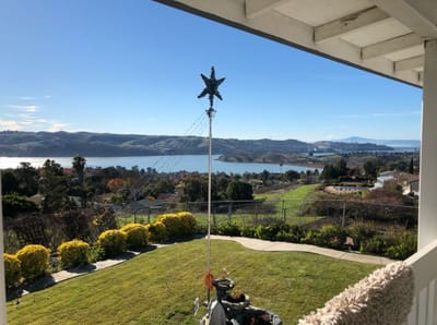 View of a waterfront landscape from a garden