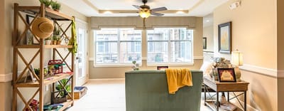 Bright interior common area with seating and decor