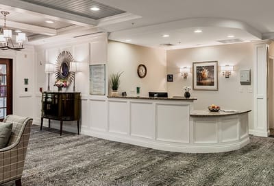 Bright lobby area with reception desk