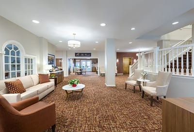 Sunny common area with seating and decor