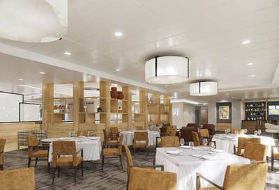 Bright dining room with tables and chairs