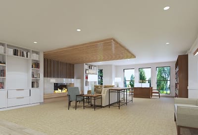 Bright, modern common area with seating and large windows