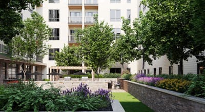 Well-maintained outdoor garden area with seating
