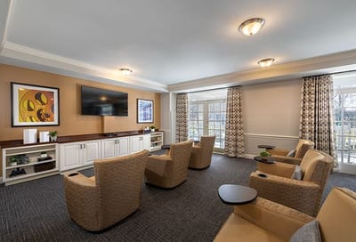 Bright, spacious common area with comfortable seating