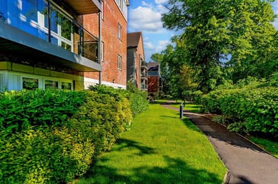 Beautiful landscaped outdoor space with pathways and building