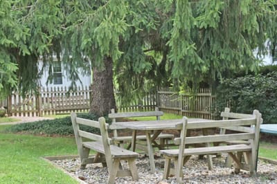 Wooden outdoor seating area under trees