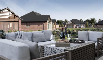 Outdoor seating area with a view of the facility
