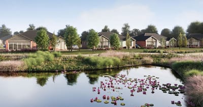 Scenic view of outdoor spaces with cottages and a pond