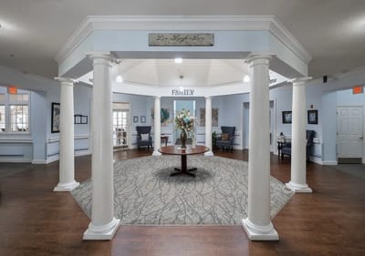 Bright common area with pillars and seating