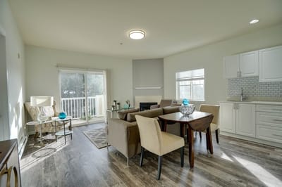 A stylish living area in a resident room
