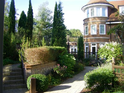 Exterior view of a landscaped area around a facility