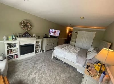 Cozy bedroom with a fireplace and TV