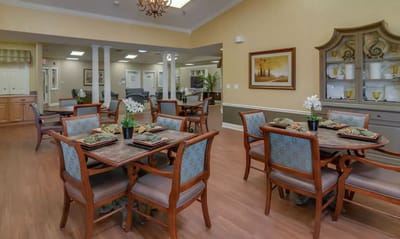 Dining area with tables and seating arrangements